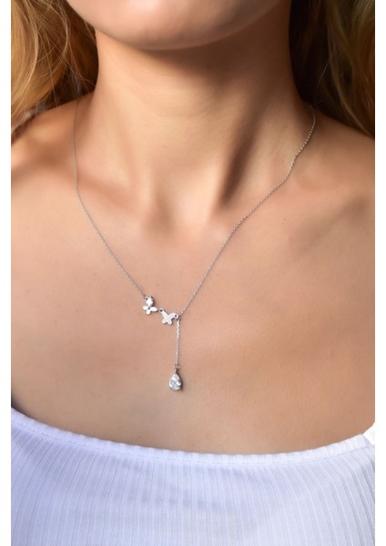 925 Ayar Gümüş Rodyum Kaplama Damla Taşlı Kelebek Kolye