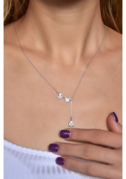 925 Ayar Gümüş Rodyum Kaplama Damla Taşlı Kelebek Kolye fiyatları