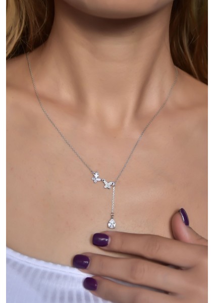 925 Ayar Gümüş Rodyum Kaplama Damla Taşlı Kelebek Kolye modelleri