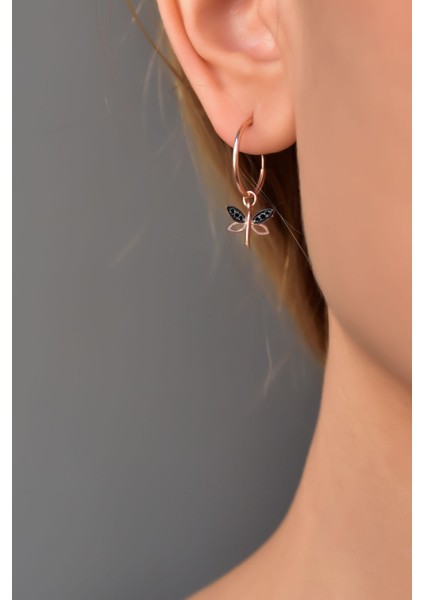 925 Ayar Gümüş Rose Kaplama Siyah Taşlı Yusufçuk Halka Küpe