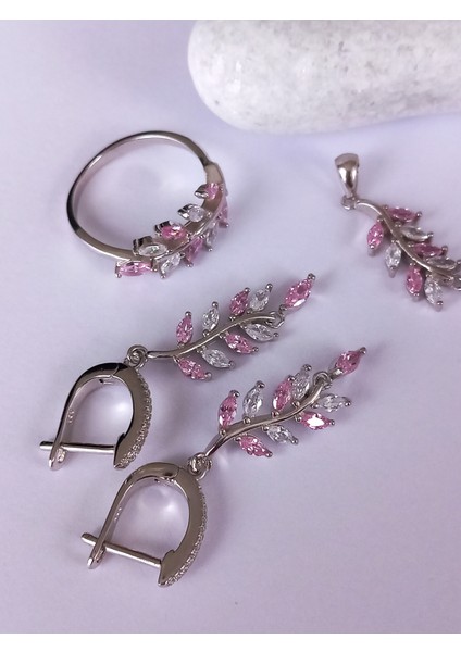 925 Ayar Gümüş Pembe Zirkon Taşlı Yaprak Kolye Yüzük Küpe Trend Kadın Set