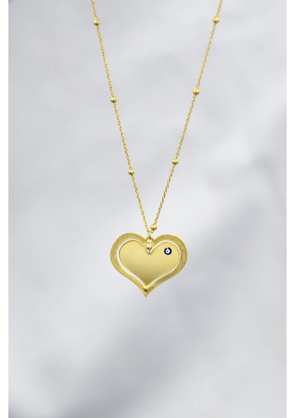 925 Ayar Gümüş Altın Kaplama Top Zincirli Nazar Göz Dönen Kalp Kolye