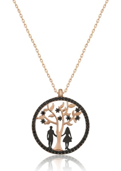 Hayat Ağacı Sevgili Aşk Kolye Siyah Taşlı Rose Gold Kaplama 925 Ayar Gümüş
