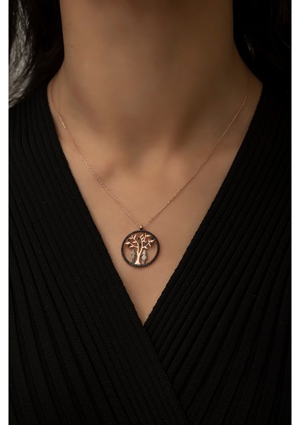 Hayat Ağacı Sevgili Aşk Kolye Siyah Taşlı Rose Gold Kaplama 925 Ayar Gümüş fiyatları