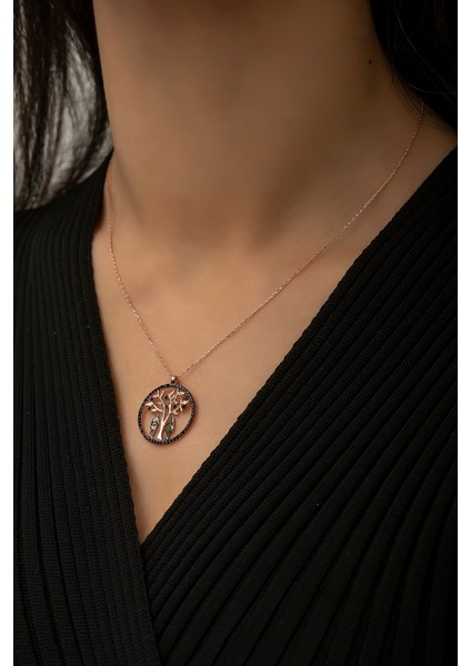 Hayat Ağacı Sevgili Aşk Kolye Siyah Taşlı Rose Gold Kaplama 925 Ayar Gümüş modelleri