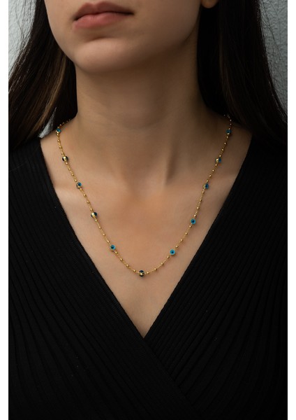 Nazargöz ve Dorica Top Sıralı Fantezi Kolye 14 Ayar Altın Kaplama 925 Ayar Gümüş