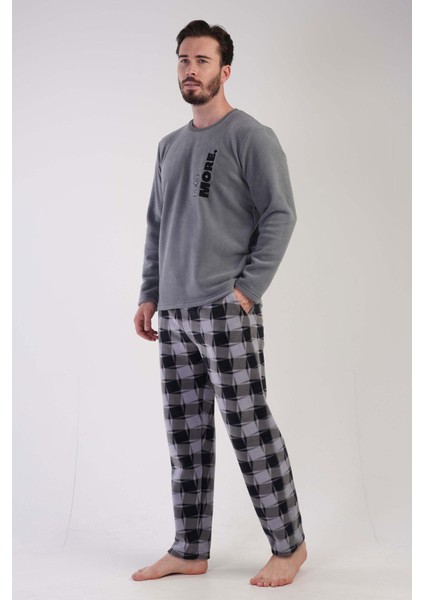 Erkek Büyük Beden Uzun Kol Polar Gri Pijama Takım 3C0T4N1O94