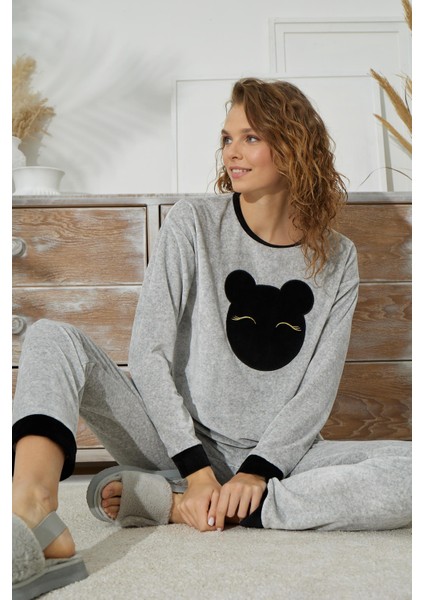 Kadın Uzun Kol Kadife Gri Melanj Pijama Takımı C1T5N2O53