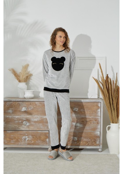 Kadın Uzun Kol Kadife Gri Melanj Pijama Takımı C1T5N2O53