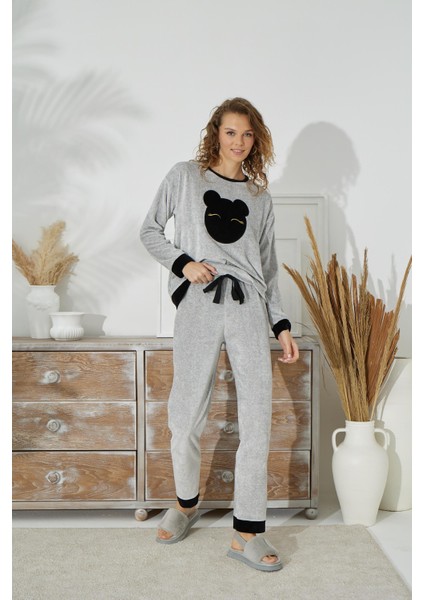 Kadın Uzun Kol Kadife Gri Melanj Pijama Takımı C1T5N2O53