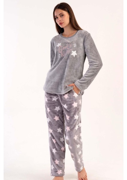 Kadın Uzun Kol Welsoft Gri Pijama Takımı C3T0N4O069