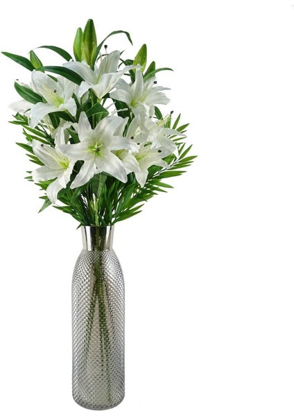 Yapay Çiçek Beyaz Lilyum 3 Kafalı Uzun Dal Çiçek Zambak Lily Flowers 80CM