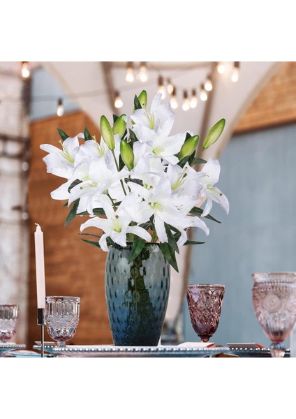Yapay Çiçek Beyaz Lilyum 3 Kafalı Uzun Dal Çiçek Zambak Lily Flowers 80CM