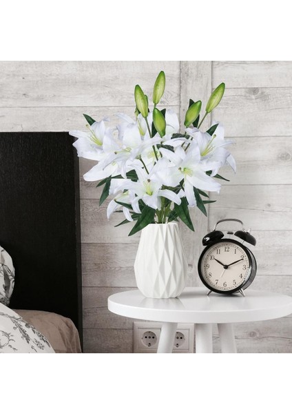 Yapay Çiçek Beyaz Lilyum 3 Kafalı Uzun Dal Çiçek Zambak Lily Flowers 80CM