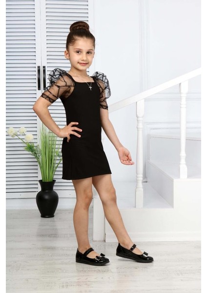 Kız Çocuk Askılı Tül Kısa Kol Elbise Mınah-06130011