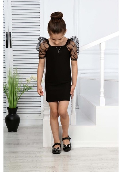 Kız Çocuk Askılı Tül Kısa Kol Elbise Mınah-06130011