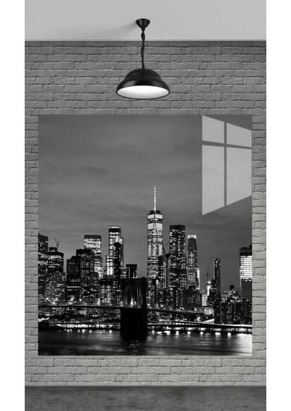 Muhteşem Siyah Beyaz Şehir Manzarası Temperli Cam Üzerine Tablo Sevgilinize Yılbaşı Hediye