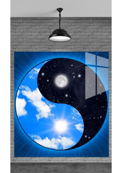 Mavi Ying Yang Sembolü Temperli Cam Üzerine Tablo