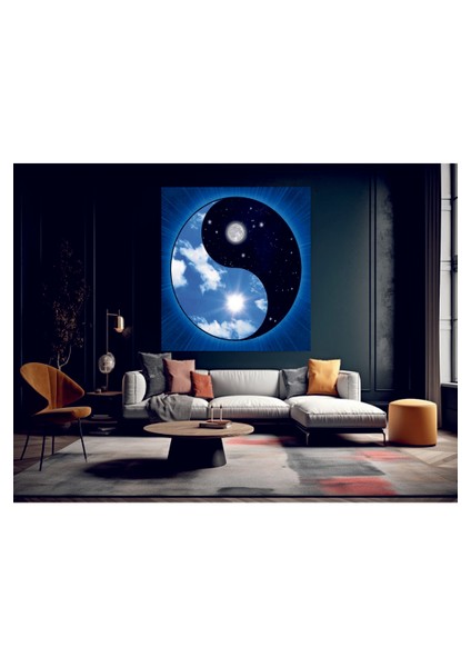 Mavi Ying Yang Sembolü Temperli Cam Üzerine Tablo