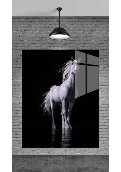 Beyaz At Dekoratif Temperli Cam Üzerine Tablo Sevgilinize Yılbaşı Hediye