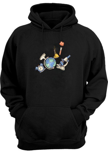 Unisex Bilim Mikroskob Baskılı Siyah Normal Kalıp Şardonlu Kalın Sweatshirt