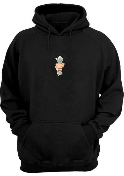 Unisex Doları Banknot Illüstrasyon Baskılı Siyah Normal Kalıp Şardonlu Kalın Sweatshirt