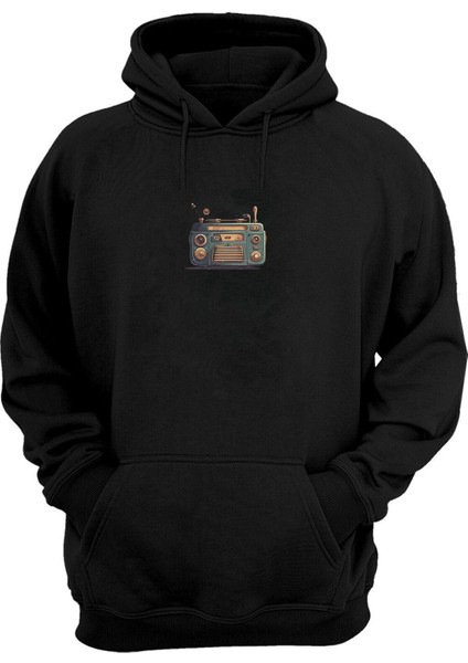 Unisex Eski Radyo Baskılı Siyah Normal Kalıp Şardonlu Kalın Sweatshirt