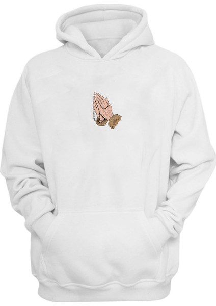 Unisex Dua Eden Eller Illüstrasyon Baskılı Beyaz Normal Kalıp Şardonlu Kalın Sweatshirt
