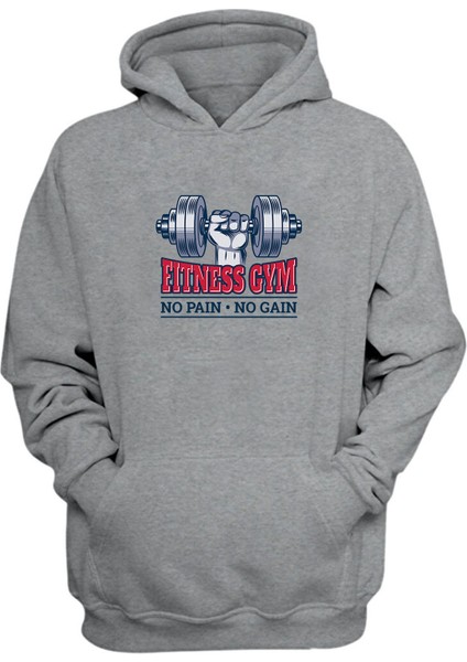 Unisex Fıtness Gym No Paın No Gain Baskılı Gri Normal Kalıp Şardonlu Kalın Sweatshirt