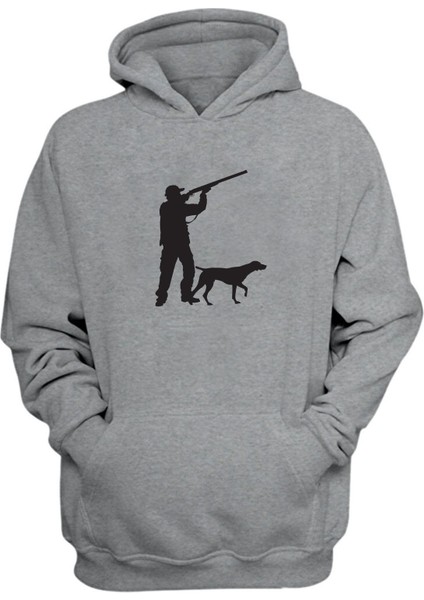 Unisex Avcı ve Köpek Siluet Çizimi Baskılı Gri Normal Kalıp Şardonlu Kalın Sweatshirt