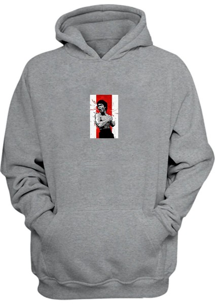 Unisex Bruce Lee Baskılı Gri Normal Kalıp Şardonlu Kalın Sweatshirt