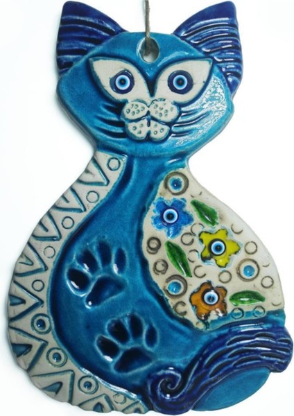 Dekoratif Orta Boy Seramik Kedi Desenli Duvar Dekoru Süs