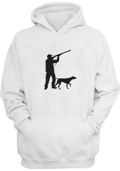 Unisex Avcı ve Köpek Siluet Çizimi Baskılı Beyaz Normal Kalıp Şardonlu Kalın Sweatshirt