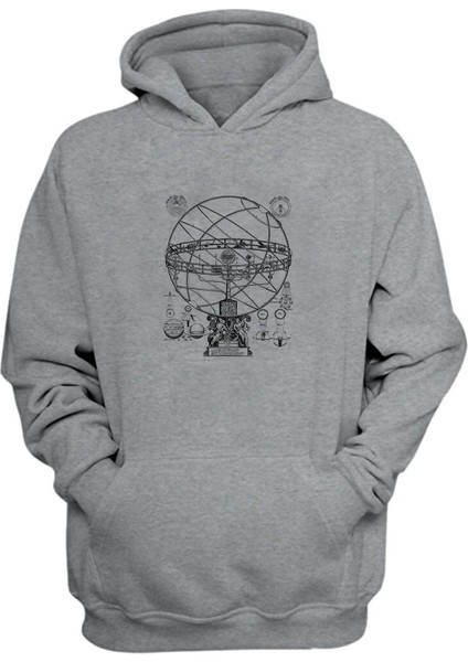 Unisex Armillary Küre Baskılı Gri Normal Kalıp Şardonlu Kalın Sweatshirt