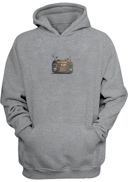 Unisex Eski Radyo Baskılı Gri Normal Kalıp Şardonlu Kalın Sweatshirt