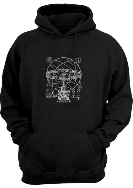 Unisex Armillary Küre Baskılı Siyah Normal Kalıp Şardonlu Kalın Sweatshirt