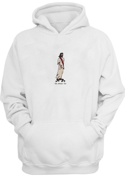 Unisex Jesus On A Skateboard Baskılı Beyaz Normal Kalıp Şardonlu Kalın Sweatshirt