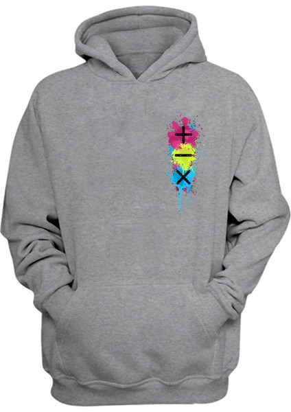 Unisex Artı, Eksi ve Çarpı Baskılı Gri Normal Kalıp Şardonlu Kalın Sweatshirt