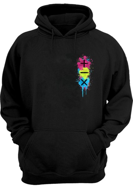 Unisex Artı, Eksi ve Çarpı Baskılı Siyah Normal Kalıp Şardonlu Kalın Sweatshirt