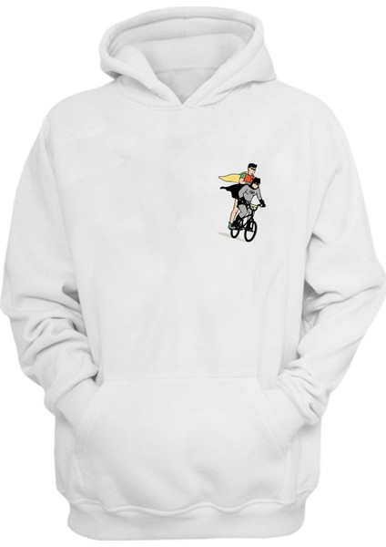 Unisex Batman ve Süperman Baskılı Beyaz Normal Kalıp Şardonlu Kalın Sweatshirt