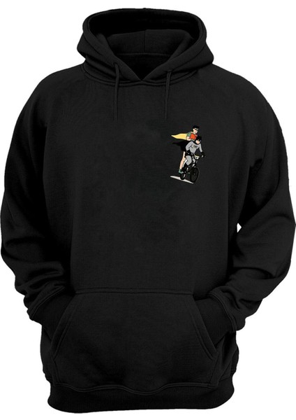 Unisex Batman ve Süperman Baskılı Siyah Normal Kalıp Şardonlu Kalın Sweatshirt