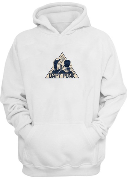 Unisex Daft Punk Logosu Baskılı Beyaz Normal Kalıp Şardonlu Kalın Sweatshirt