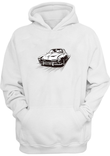 Unisex Car Printing Baskılı Beyaz Normal Kalıp Şardonlu Kalın Sweatshirt