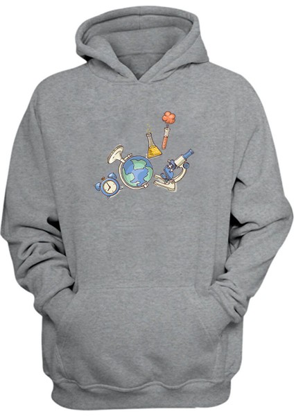 Unisex Bilim Mikroskob Baskılı Gri Normal Kalıp Şardonlu Kalın Sweatshirt