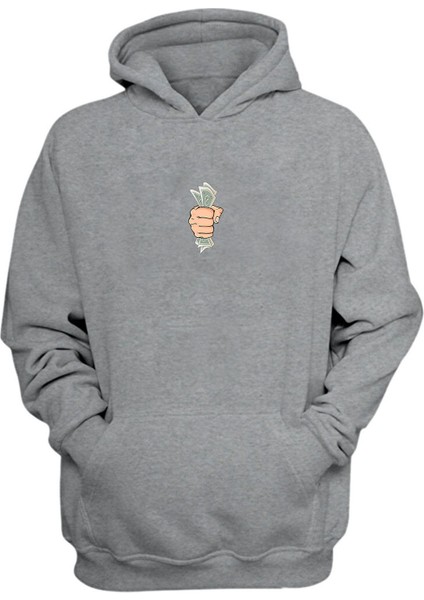 Unisex Doları Banknot Illüstrasyon Baskılı Gri Normal Kalıp Şardonlu Kalın Sweatshirt