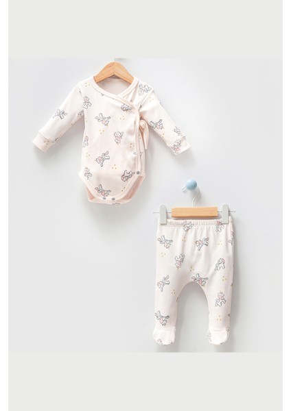 By Bubbles Unicorn Natural Önden Çıtçıtlı Ayaklı Pijamalı Kruvaze 2'Li Kız Bebek Takım