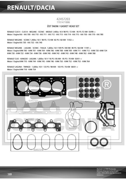 Üst Takim Conta Keçeli Renault Megane 1.6 16V 457303 102008