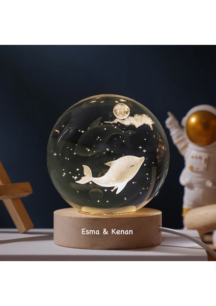 Kişiye Özel Işıklı Ahşap Kaideli Sevimli Balıklar Temalı Cam Küre 8cm*6cm