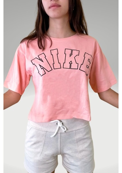 Kadın Pembe Baskılı Salaş Crop T-shirt