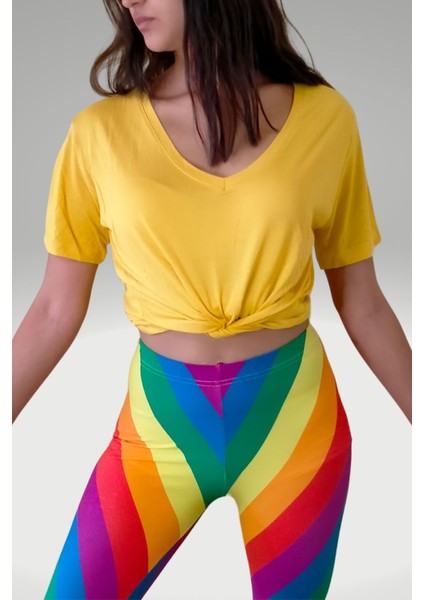 Kadın Sarı Hardal V Yaka Yandan Yırtmaçlı Bluz - Tshirt